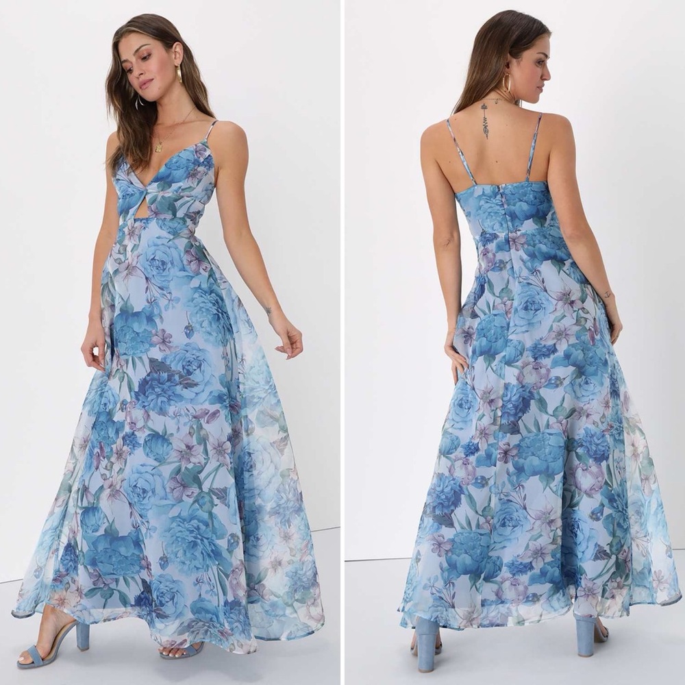 Lulus Enchanting Entrance Blue Floral Organza Keyhole Maxi Dress Size Medium NWT - Picture 6 of 12
